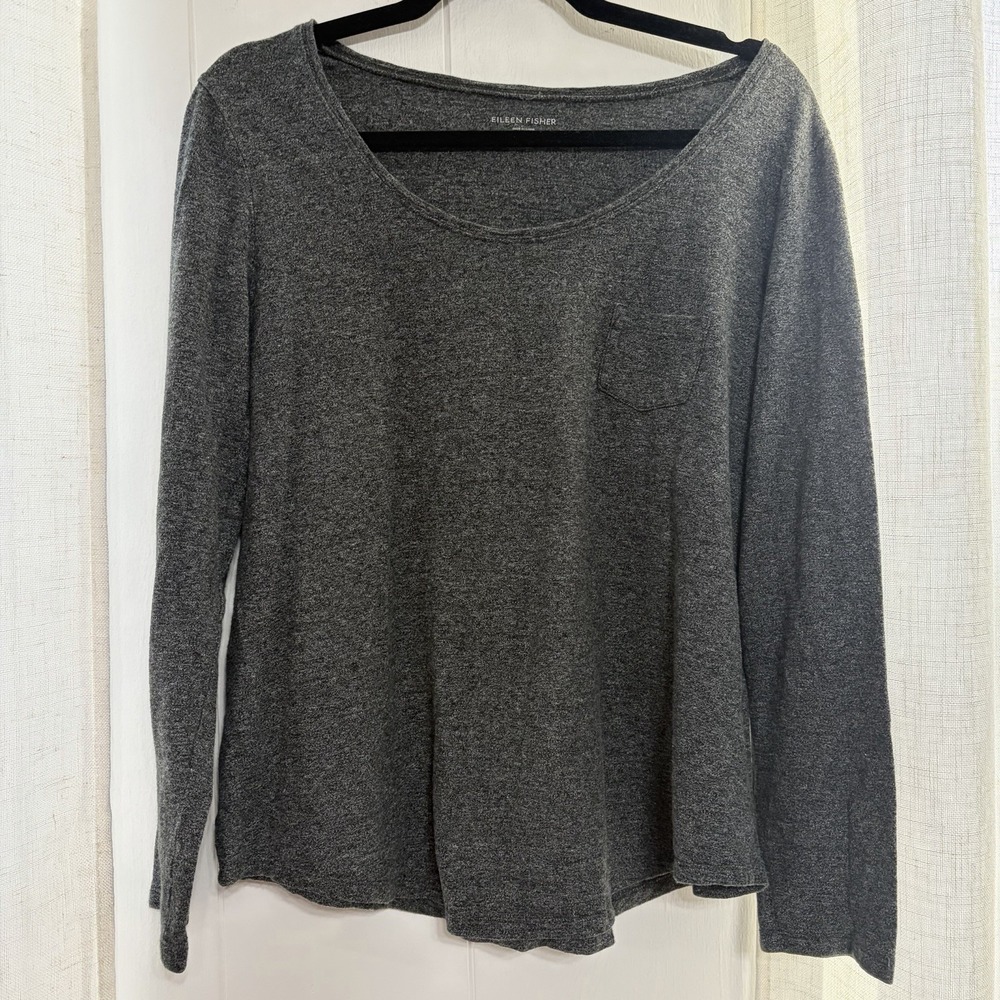 Eileen Fisher Long Sleeve Top Size Medium Gray Scoop Neck Tee Basic Front Pocket